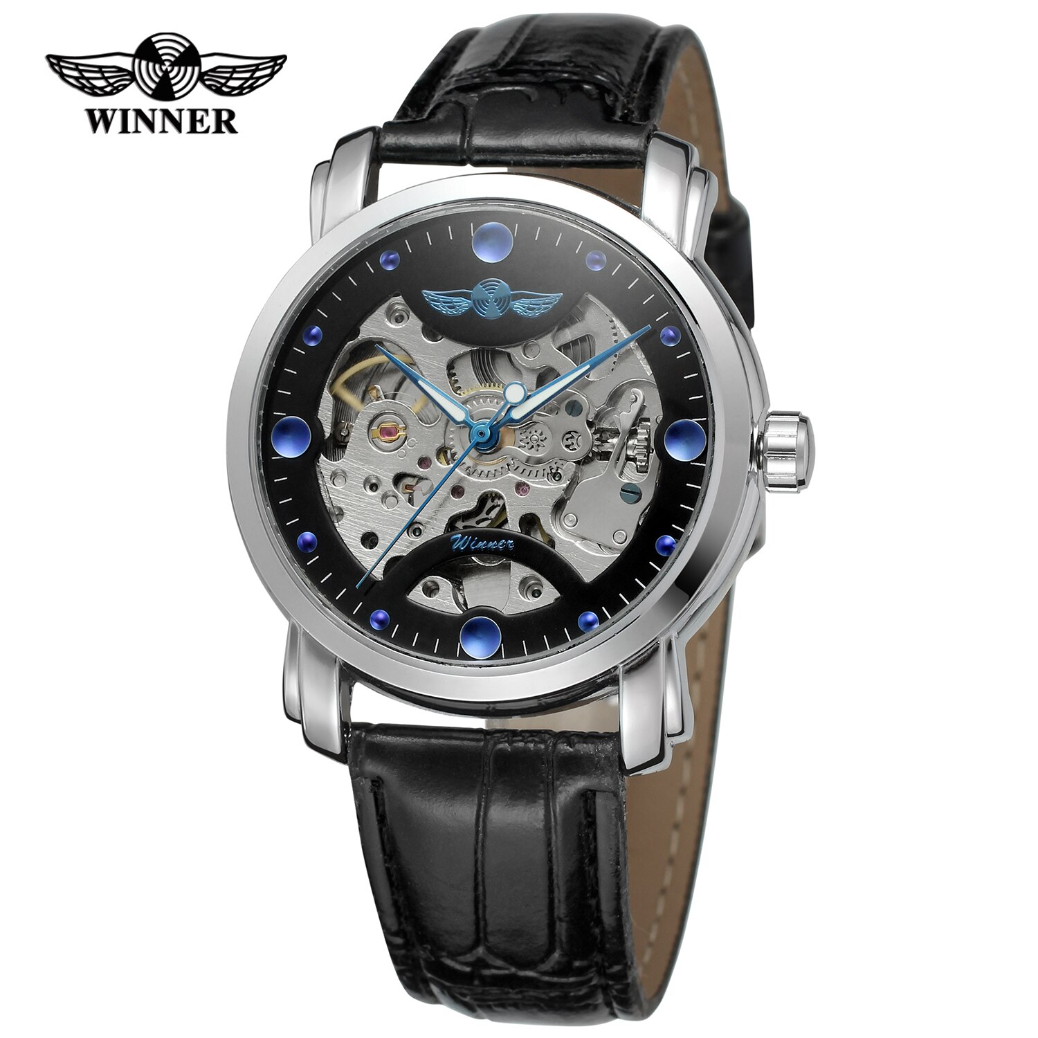 Winnaar Top Blauwe Oceaan Lederen Transparante Heren Horloge Luxe Mannelijke Polshorloge Skelet Automatische Horloge Klok