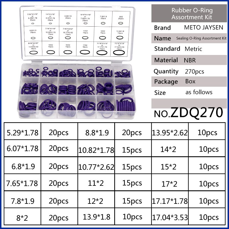 270PCS Paars Natuurlijke Buna Rubber (NBR) O Ringen Assortiment Set Vervanging Afdichting Spare Pakking Kits O-Ring 18 Maten Beschikbaar: ZDQ270 x1