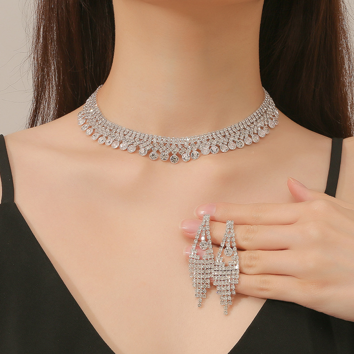 Conjunto de joyería para mujer, collar con pendientes de diamantes de imitación, accesorios de de lujo para de boda, 3 uds.: Con recubrimiento de titanio