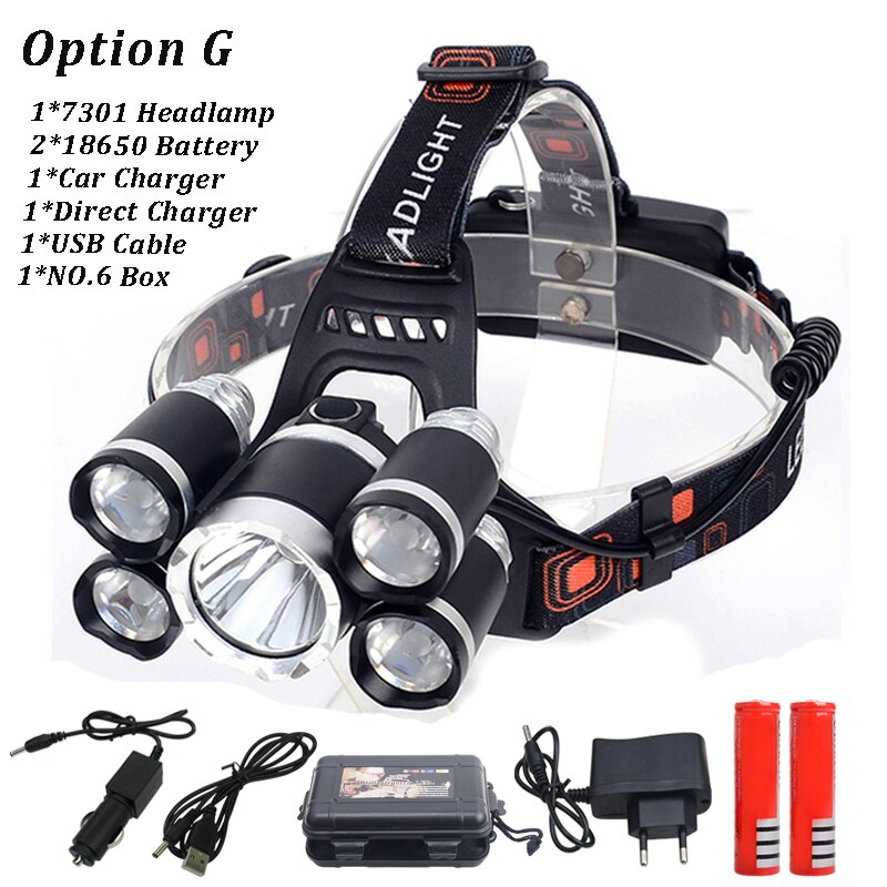 6000 Lumen Koplamp 5 * Led T6 Koplamp 4 Mode Koplamp Oplaadbare Head Lamp Zaklamp + 2*18650 Batterij + Ac/Dc Lader: option G