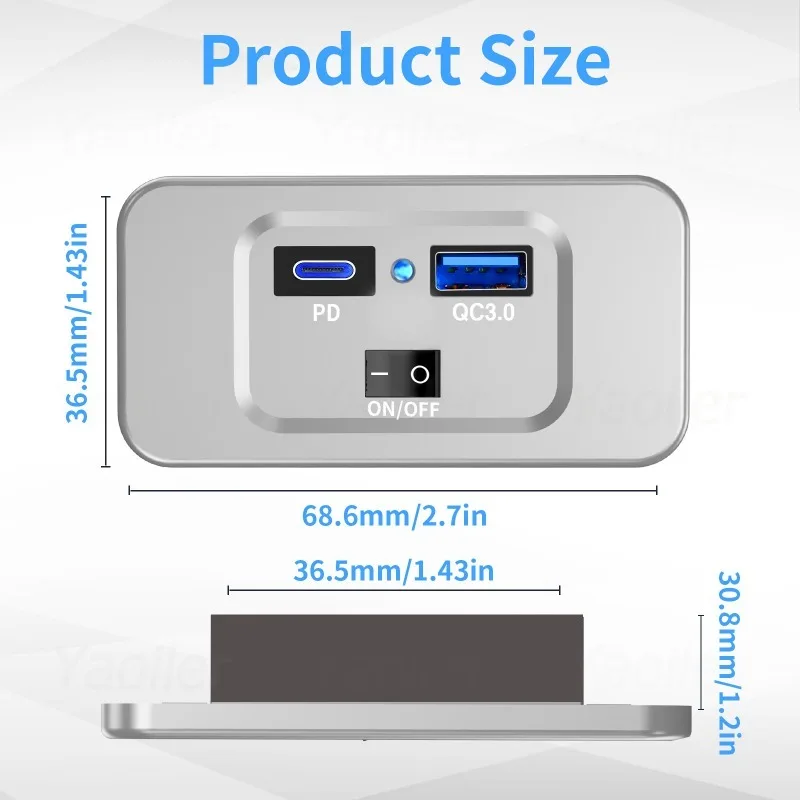 12v usb-pistorasiaa, seinäkiinnitys, 30w usb c- ja  qc 3.0 usb-porttia 18w autolaturipistokesovitin autoon, veneeseen, mönkijään, utv:hen, asuntovaunuun