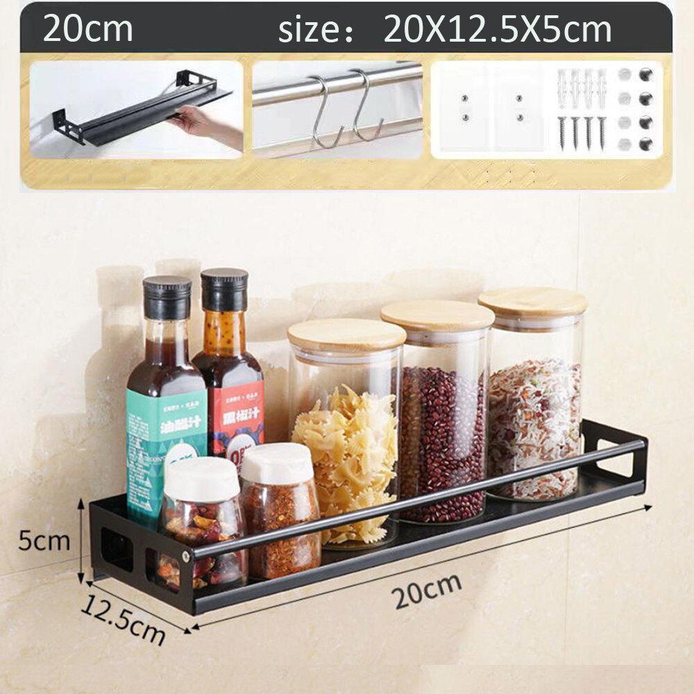 Kitchen Organizer Wall Mount Bracket Wall Storage Rack Spice Jar Rack Cabinet Shelf Kitchen Gadget Supplies Bathroom Rack: Black20cm