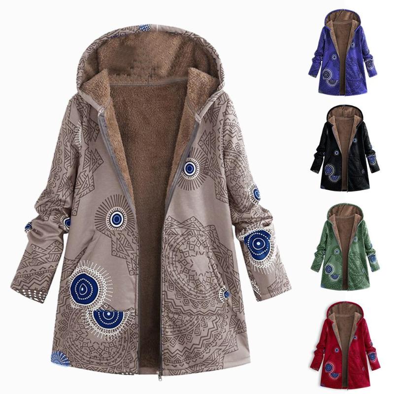Womens Casual Winter Coat jacket Warm velvet Outwear Floral Print Hooded Pockets Zipper Print Ethnic Style Outwear