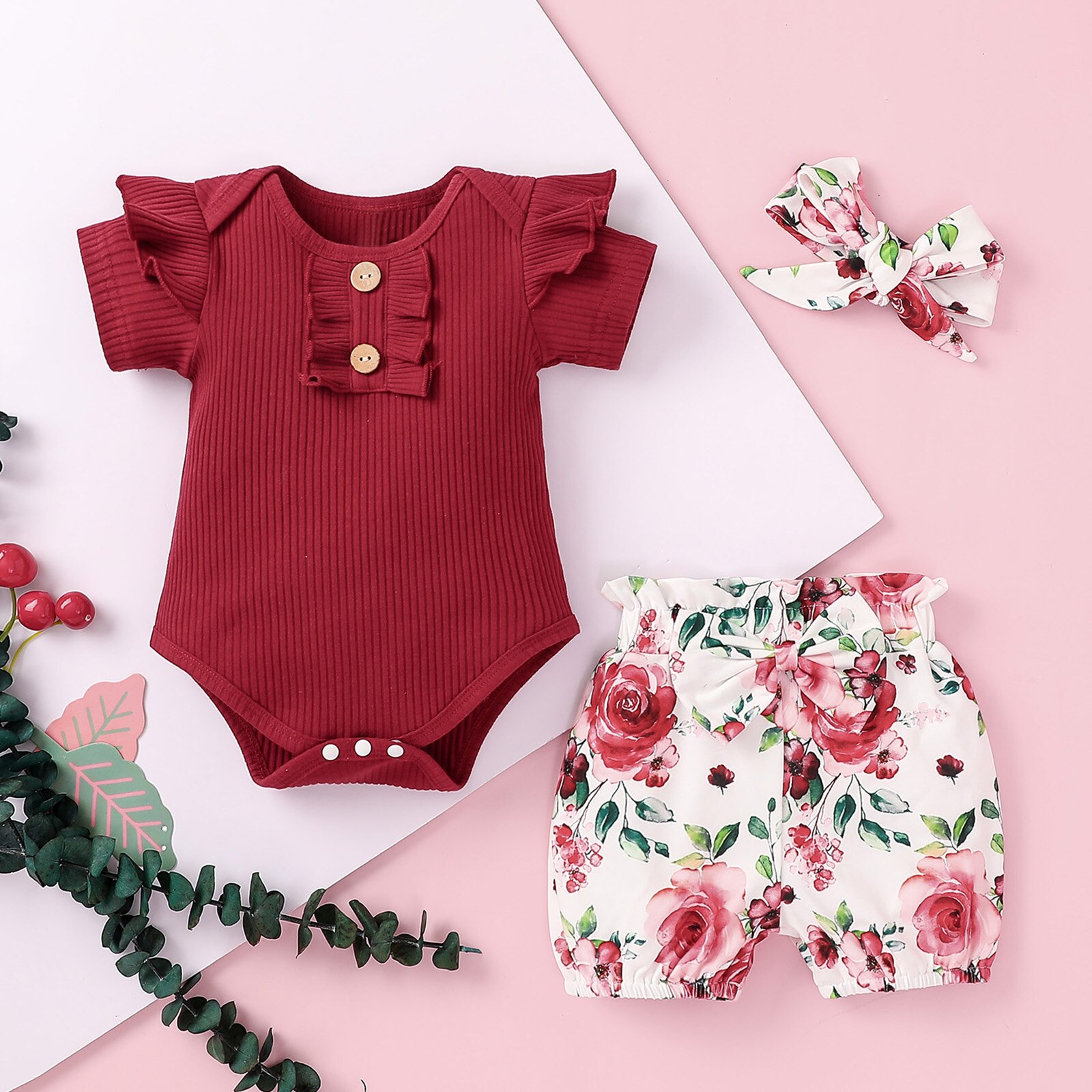 Vêtements d'été à la pour bébés filles, barboteuse à manches courtes à volants + Short imprimé floral + ornement de cheveux à nœud, 3 pièces