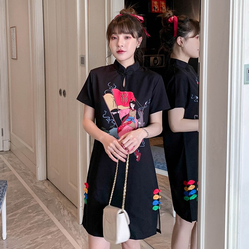 Plus Size M-4XL Black Casual Party Loose Modern Cheongsam Dress Women Short Sleeve Qipao Traditional Chinese Clothes