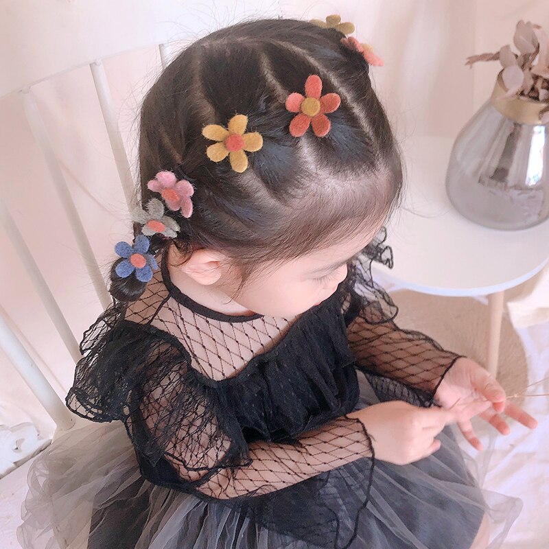 Lazos de ganchillo de lana para niños pequeños, lazos para el pelo, cuerda de fieltro de flores de madera, cintas para el pelo para niñas sonrientes, accesorios para el cabello, 10 unids/set por juego: A-10pcs