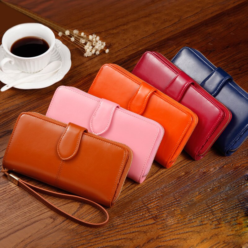 Frauen brieftasche Top Wachs öl haut material lange geldbörse zipper clutch bag armband haspe telefon brieftasche frauen brieftaschen und geldbörsen