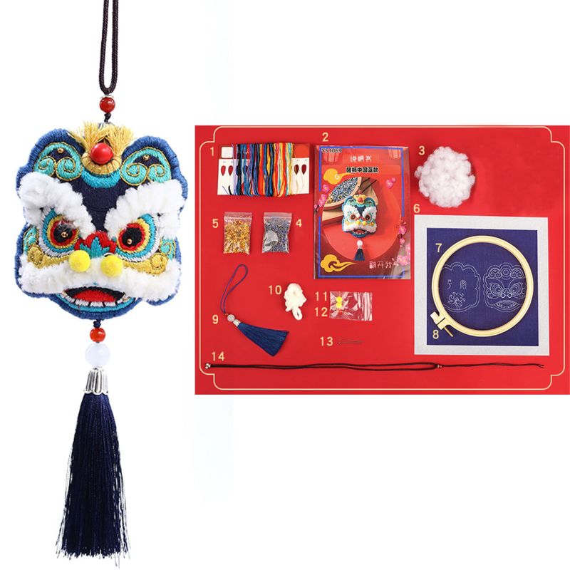 Chinese Lucky Fortune Lion DIY Embroidery Hoop Kit Handmade Sachet Material Bag: Blue