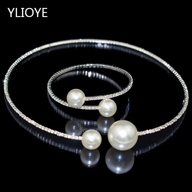 Mode Eenvoudige Gesimuleerde Parel Bruids Sets Kristal Bruiloft Sieraden Ketting Bangle Set Voor Vrouwen Bruiloft Sieraden
