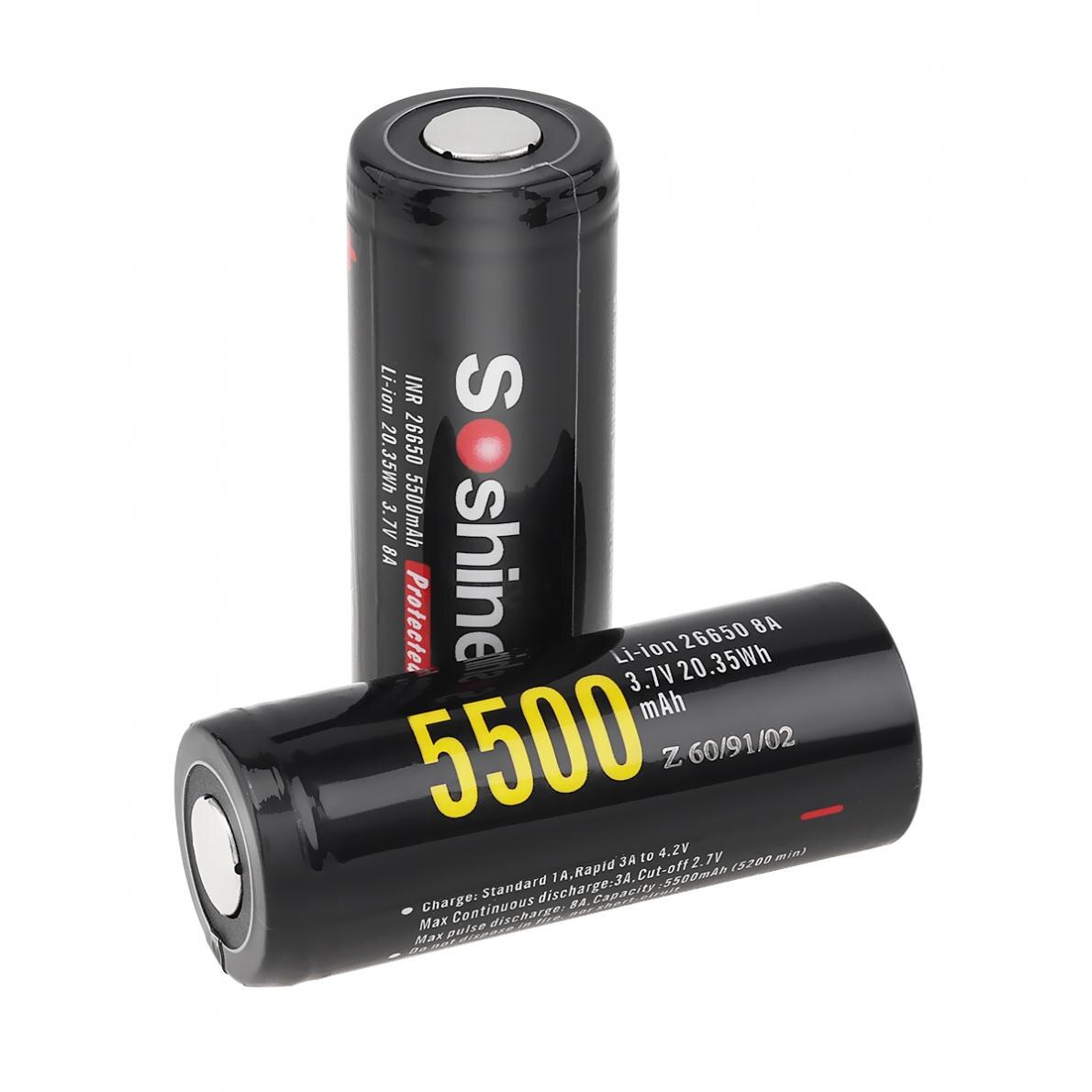 2 uds Soshine 3,7 V 5500mAh gran capacidad 26650 Li-ion batería recargable con PCB protegido para linternas/faros LED