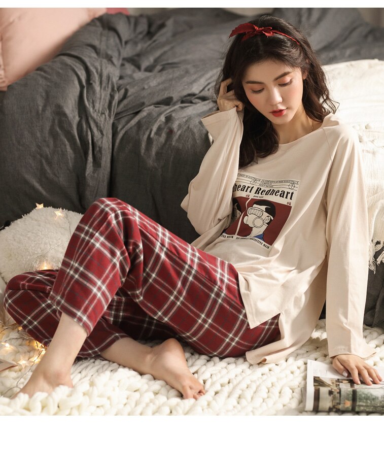 Conjunto de pijama de manga larga a cuadros de algodón rojo a cuadros para mujer
