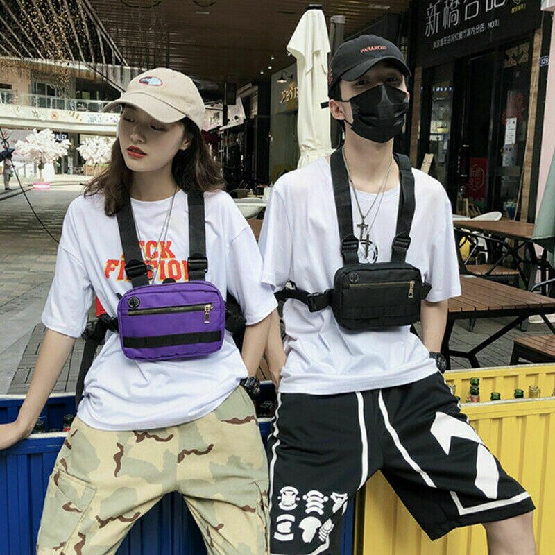 Unissex moda feminina tático arnês peito rig saco hiphop streetwear náilon frente fanny pacote ajustável