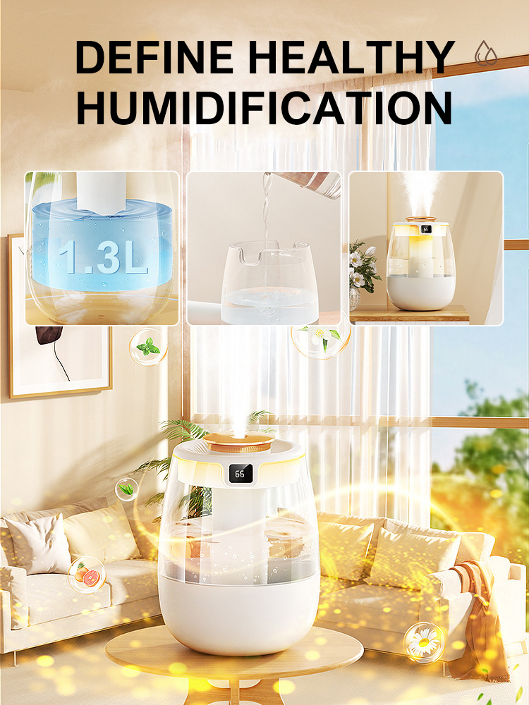 USB Humidifier Portable Dual Nozzle Cold Fog Bedroom Silent Humidifier Intelligent Digital Display Air Humidity 1.3L Water Tank