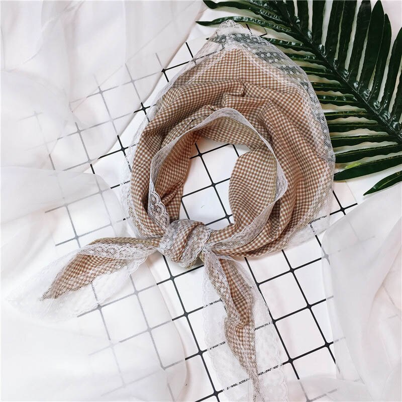 Børnetørklæde til piger plaid blonder bomuld linned tørklæde forår sommer dekoration hår tørklæde: Khaki