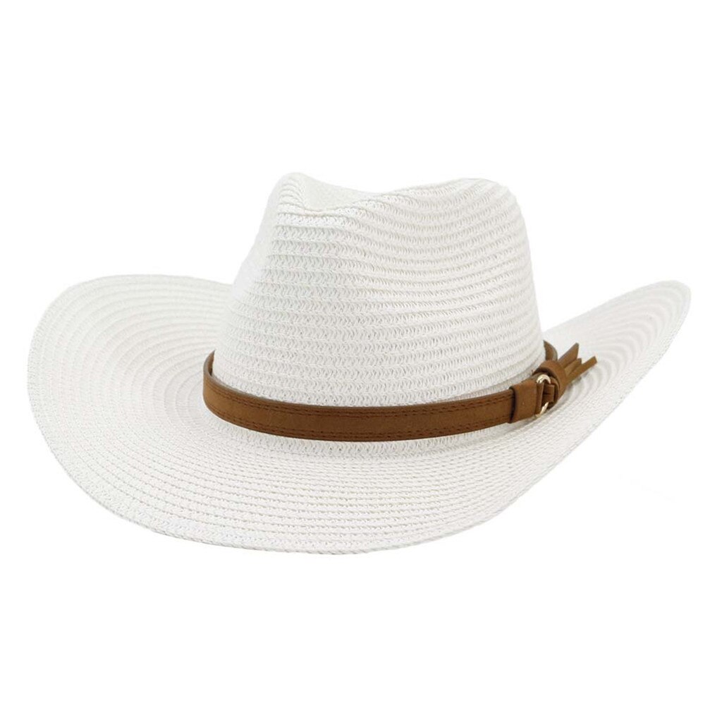 Sun Cap Straw Beach Cowboy Hats Retro Women's Men's Summer Straw Beach Wide Brim Cowboy Western Cowgirl Bead Band #Zer: White 