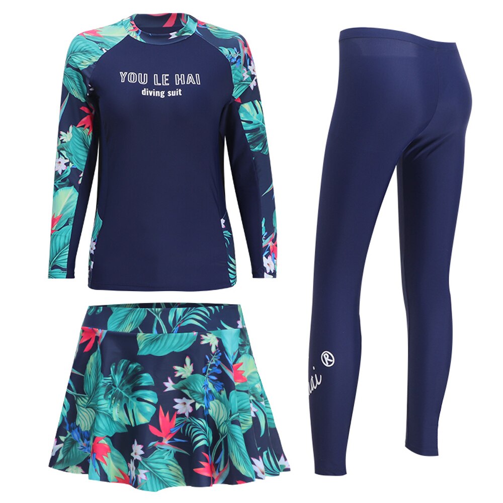 Koreaanse Mode Vrouwen Split Drie Badpak Lange Mouw + Broek + Bloemen Rok Uv Swim Surf Kleding Volledige cover Badmode