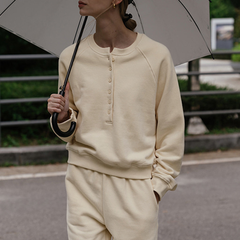 Streetstyle katoenen fleece trui met ronde hals en knoopsluiting, casual hoodie voor dames, wintertop voor dames, dameskleding: S / Grijs