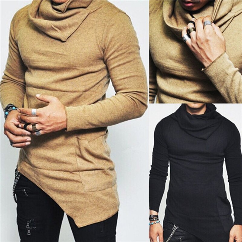 Plus size 5xl huvtröjor för män obalanserad fåll ficka långärmad tröja för män kläder höst tröja med turtleneck hoodie