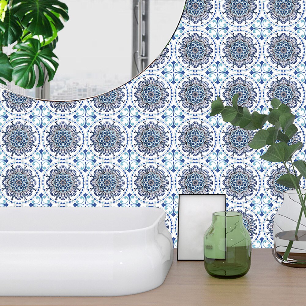 6pcs/set Blue and White Porcelain Pattern Tile Floor Stickers Kitchen Bathroom Ceramics Art Mural Home Decor PVC Wall Sticker