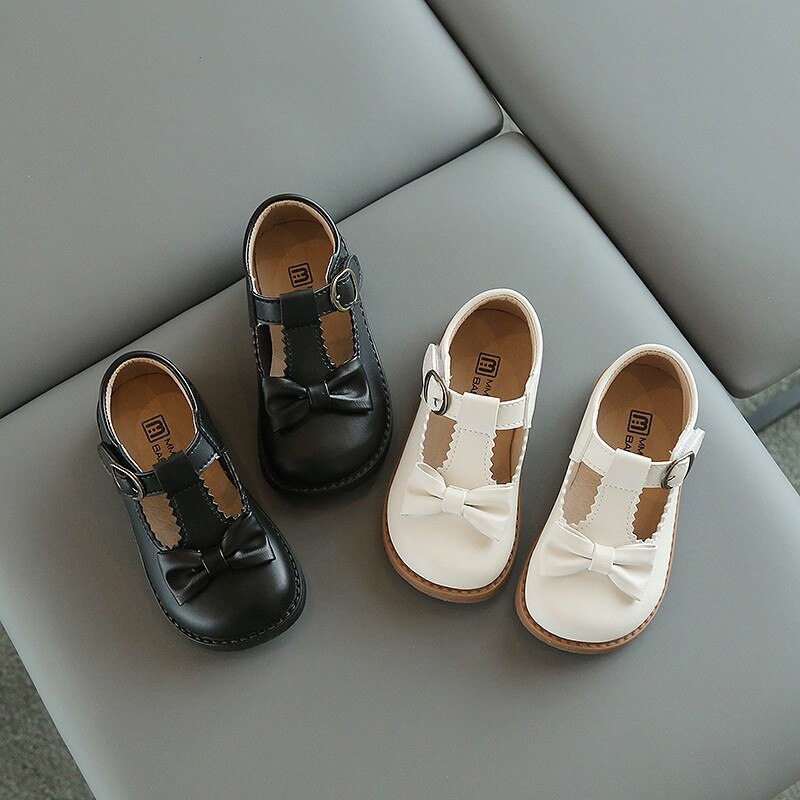 Zapatos de cuero para niña pequeña, mocasines de princesa con correa en T de mariposa, Lolita negra británica, para otoño de 3 a 6 años