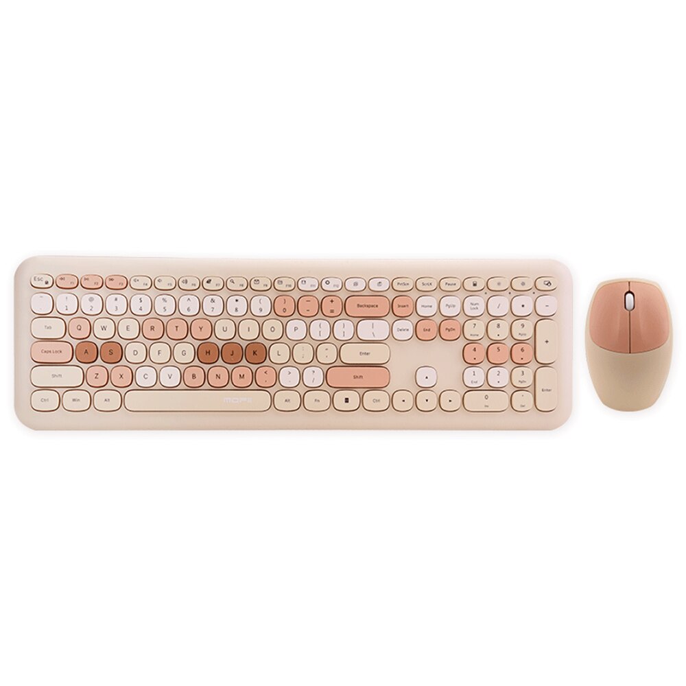 Mofii 666 2.4G Wireless Keyboard Mouse Combo Mixed Color 110 Key Keyboard Mouse Set with Round Punk Keycaps 2.4G Keyboard Mouse: Light Brown