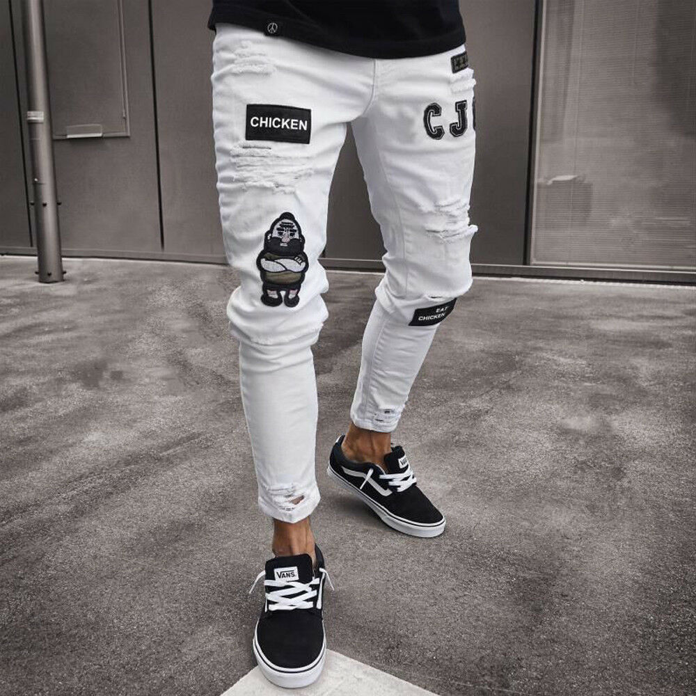 Brand Men Casual Stretchy Ripped Jeans Skinny Biker Jeans Destroyed Taped Slim Fit Denim Pants: White / XXL