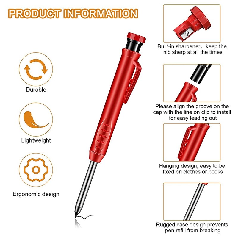 5 Pcs Solid Carpenter Pencil Set With 18 Refills And 1 Utility Knife Built-In Deep Hole Construction Pencil Marking Tool