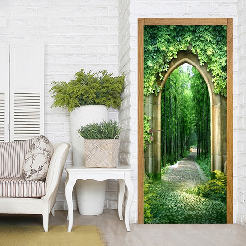 Pegatina De puerta De paisaje De camino De bosque verde, Papel tapiz 3D para sala De estar, estudio, decoración del hogar, Mural De puerta 3D De PVC, impermeable, Papel De pared