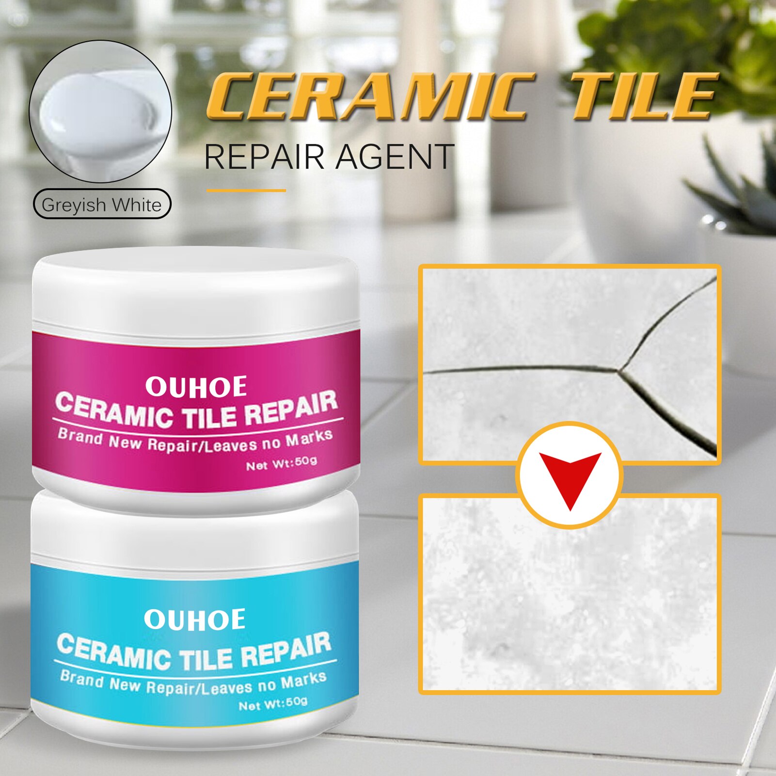 Ceramic Tile Repair Agent Ceramic Paste Floor Tile Adhesive Bathroom Closestool Marble Pit Glazed Fix Repair Paste: Greyish White