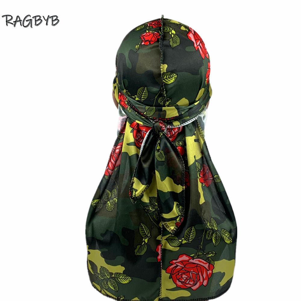 Nuevas pañuelos Durag de seda con estampado de camuflaje para hombres, Durags sedosos, gorro ondulado de cola larga, pañuelo para la cabeza, sombrero para mujer, diadema Durag