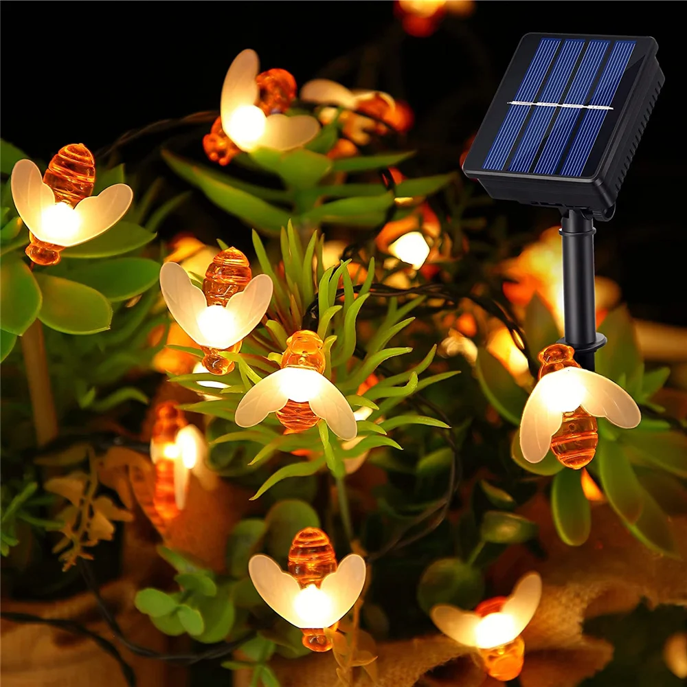 AlliLit 100 LED Solar Bee String Lampe Outdoor Lichterkette Baum Weihnachtsgirlande 8 Modi Wasserdicht Terrasse Garten Party Dekor: Blau / 0-5W