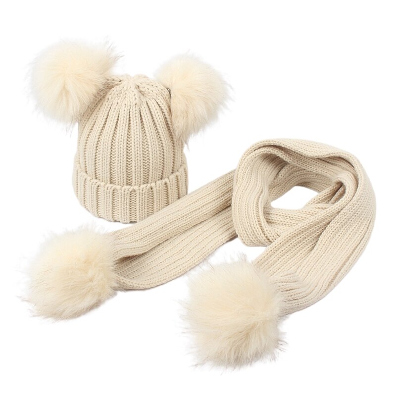 Småbarn barn vinter varm ribbad stickad mössa med lång halsduk set enfärgad söt dubbel pom pom öron manschett skalle mössa: Beige