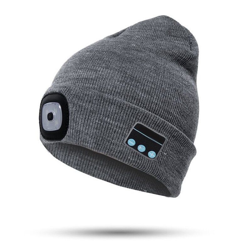 Bluetooth muts met led-koplamp, verlichte muts, oplaadbaar met draadloze bluetooth winterwarme gebreide muts ys-: Grijs