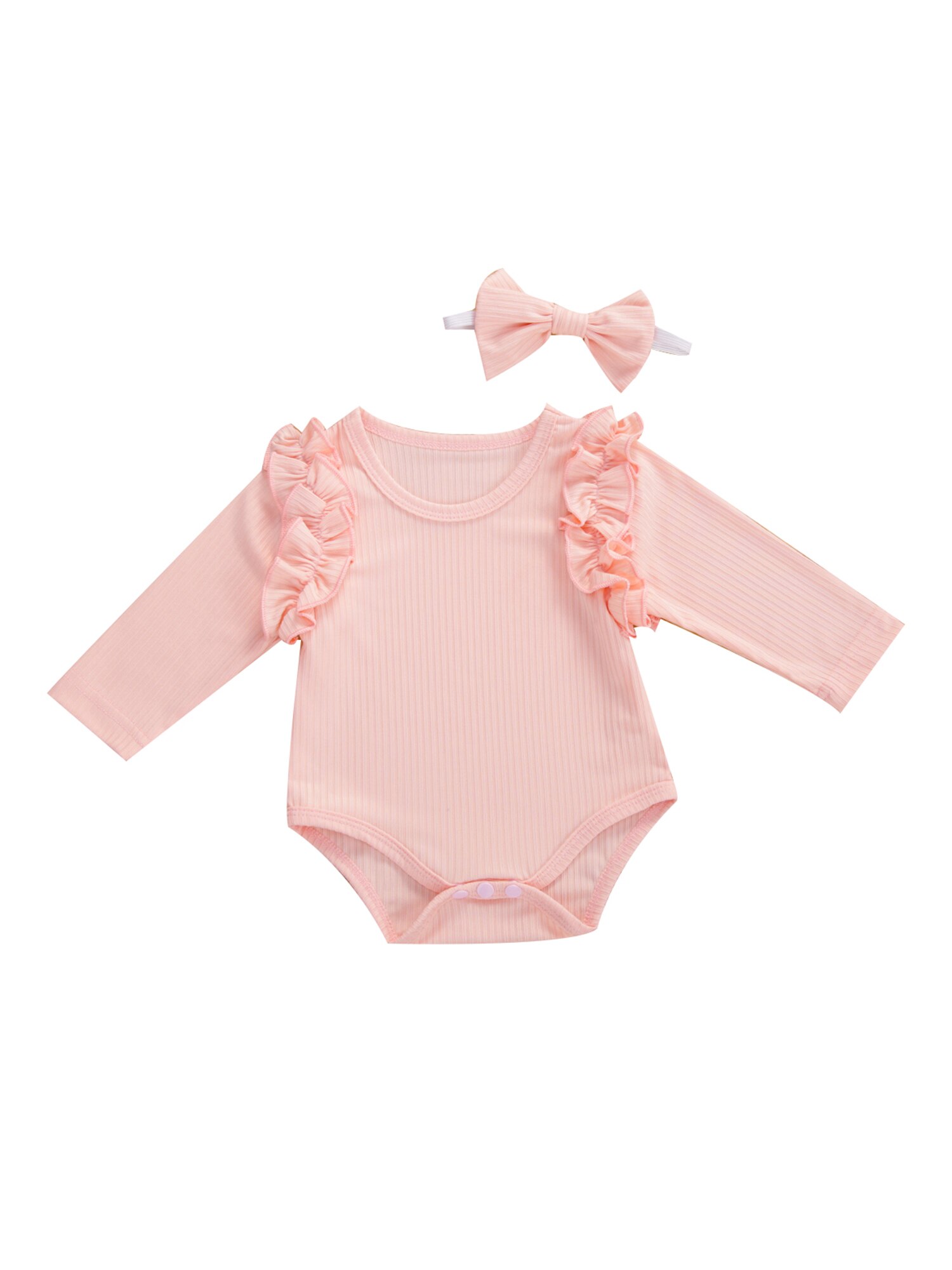 Imcute 5 couleurs automne bébé barboteuse avec bandeau couleur unie col rond à manches longues combinaison et chapeaux pour filles garçons: Rose / 3M