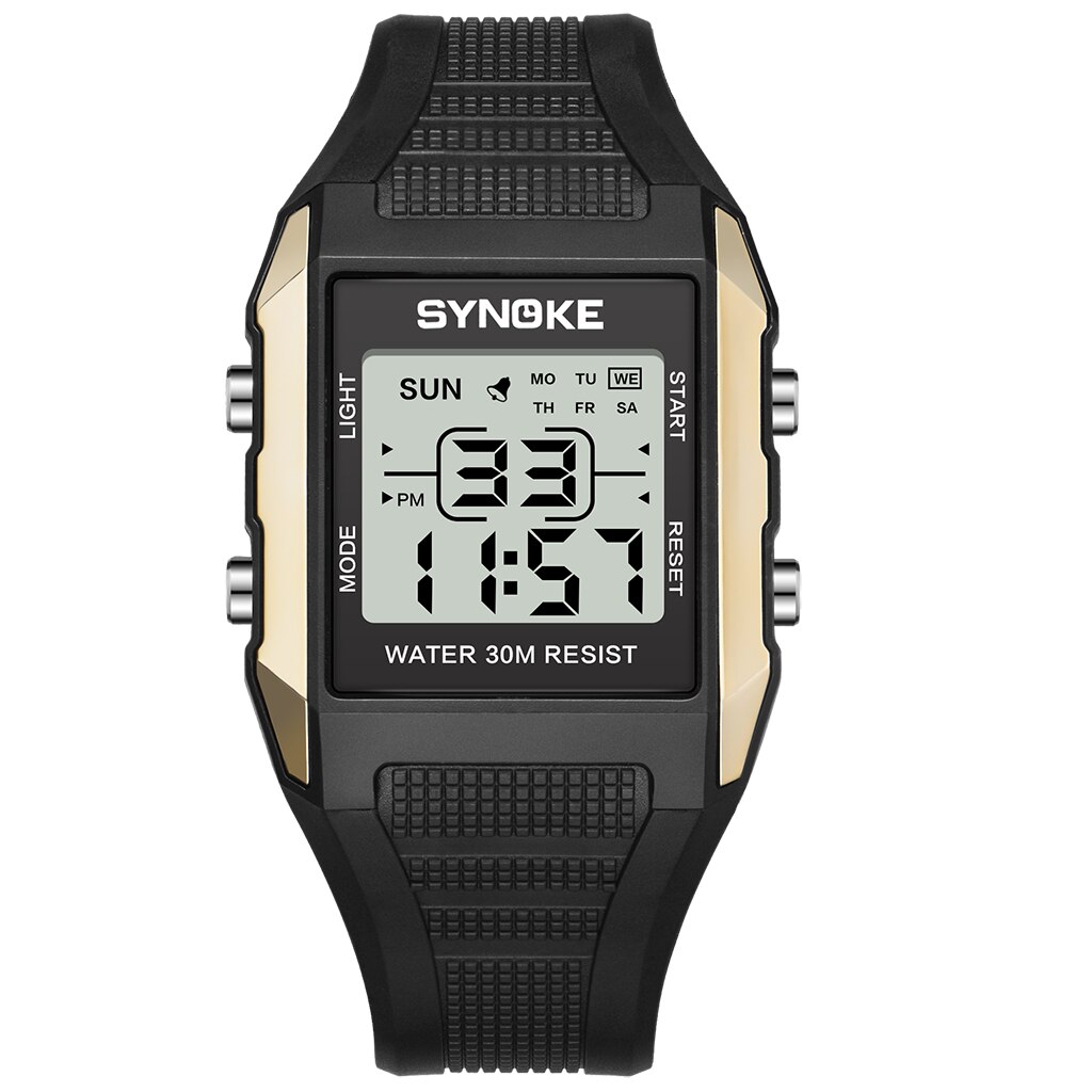SYNOKE Mannen Horloge Digitale LED Horloge Waterdicht Lichtgevende Wijzerplaat Alarm Timing Multifunctionele Horloges relogios digitais desportivos: Goud