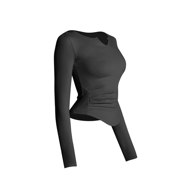 Sportliches t-shirt, langärmeliges crop-top, yogashirt mit daumenlöchern, sportbluse, trainingstop, fitnessweste, damen-yogabekleidung: Schwarzes langes hemd / S