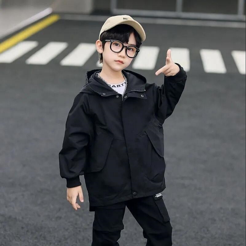 Spring Boys Clothes Children Outwear Coat Hooded Foreign Style Windbreaker 2022 Long Coat Hooded Jacket Kids Clothes: black / 130 for 125-130cm
