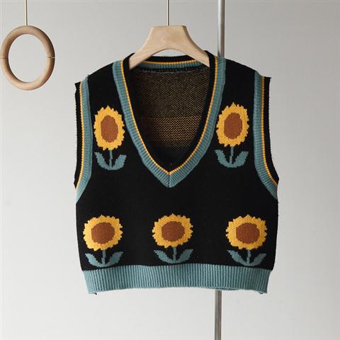 Efterår v-hals ærmeløs vest solsikke farve matchende strik dame sweater harajuku college style pullover kvinde sweater vest: Sort