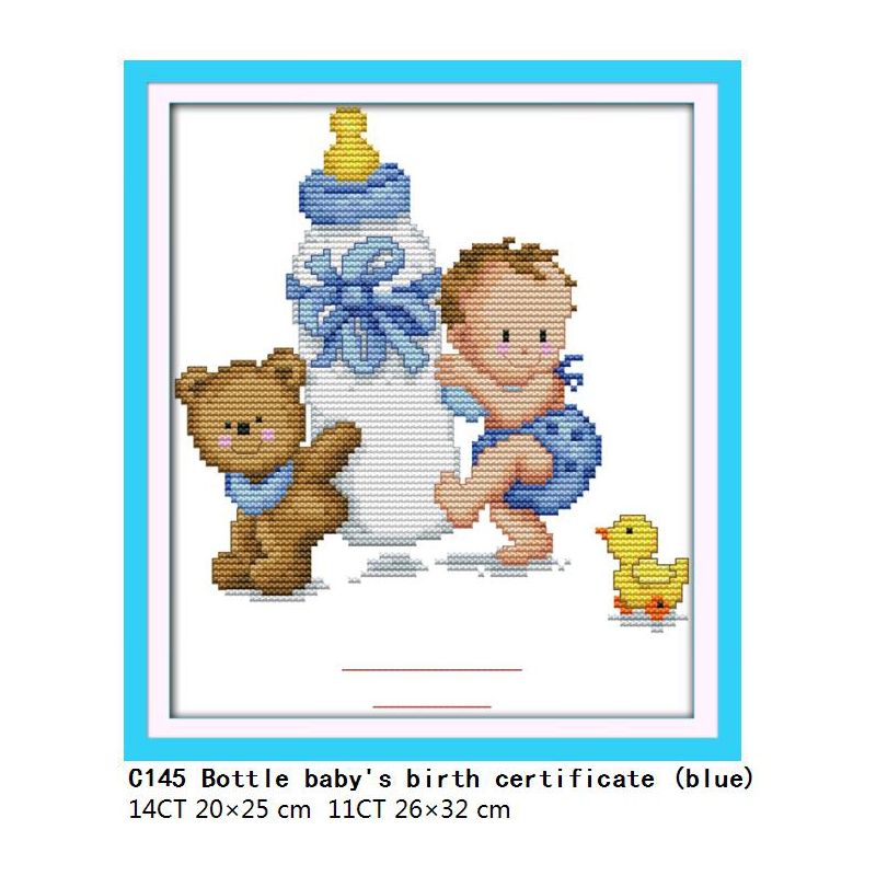 Cute Cartoon Pattern Baby Bottle Baby Birth Instructions Blue Pink Cross Stitch Kits Embroidery Painting Baby Bedroom Decoration: C145 / 11CT Printed Cloth