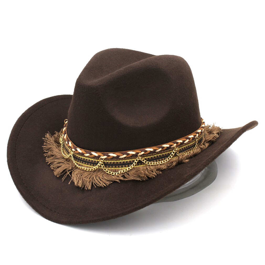 Mistdawn-sombrero vaquero occidental para mujer, gorra de disfraz de vaquera, visera ancha de lana, banda trenzada, talla 56-58cm, BBG: Dark Brown