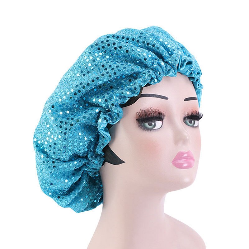 Grand Bonnet en Satin doublé pour femmes, grande taille, paillettes, soie, pour dormir la nuit, couvre-tête,