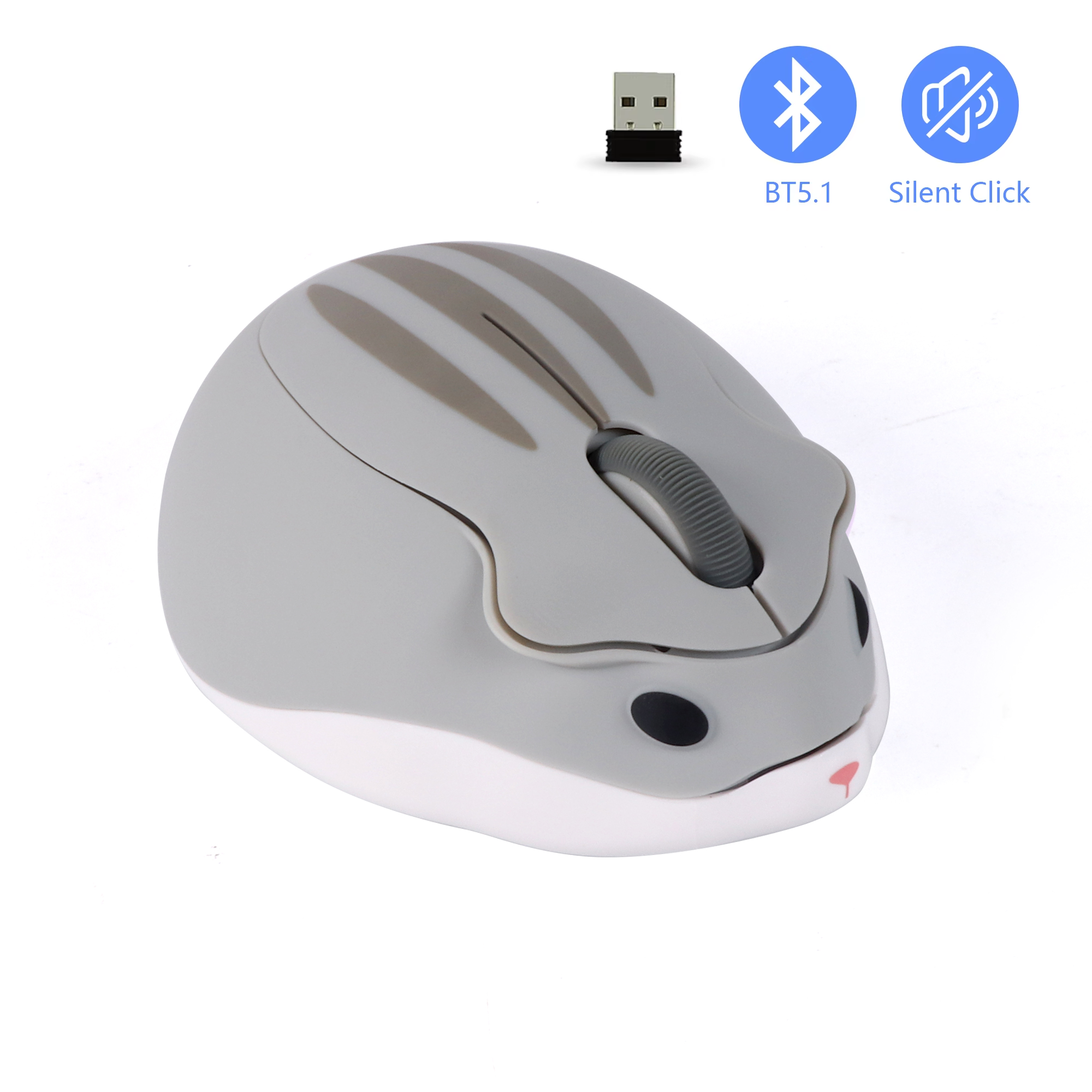 Mini mouse sem fio 3d fofo hamster 2.4g bluetooth modo duplo conectividade bateria de longa duração mudo mouse óptico usb para laptop pc: CINZA
