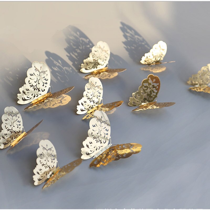 12 unids/lote de calcomanías de mariposa 3D doradas y plateadas para pared, calcomanías artísticas para el hogar, pegatinas para pared, decoraciones para exhibición de mariposas para fiestas y: A-gold