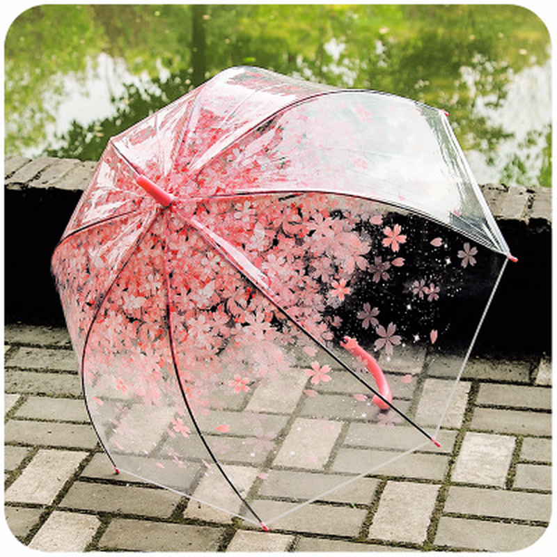 Gennemsigtig kirsebærblomst paraply langt håndtag gennemsigtig piger retro slik farvet lyse prinsesse paraply