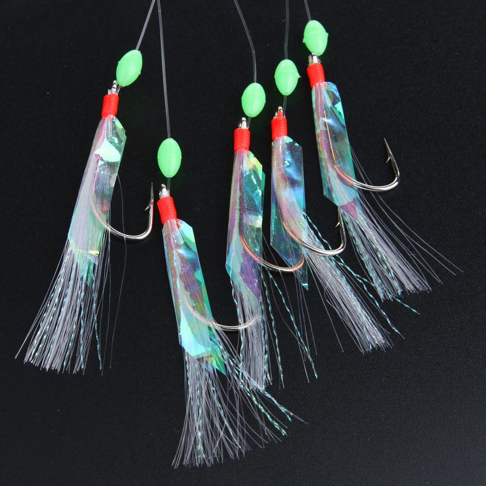 5 unids/set de acero al carbono caballa plumas bajo bacalao atraer la pesca en el mar de pesca luminosa gancho triple pesca con cebo de alambre