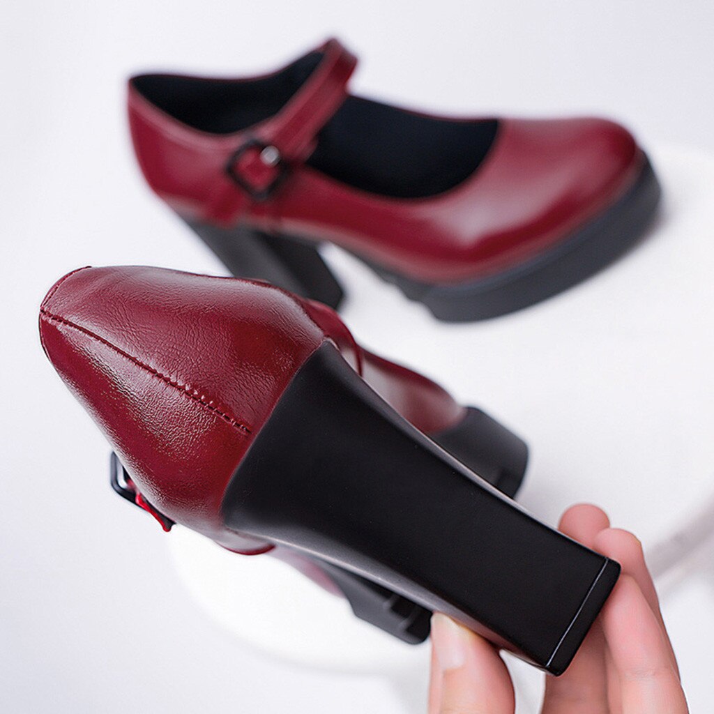 Vrouwen Klassieke Pumps Schoenen Lente Zomer Zwart Lederen Hak Pompen Schoenen Dikke Hakken Platform Pompen Enkel Werk Gesp Schoenen