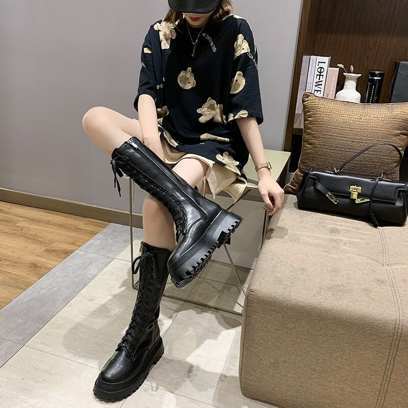 Plate-forme trapue en cuir pu genou bottes hautes femmes rétro Punk hauteur augmentant longues bottes femme à lacets chaussons Mujer