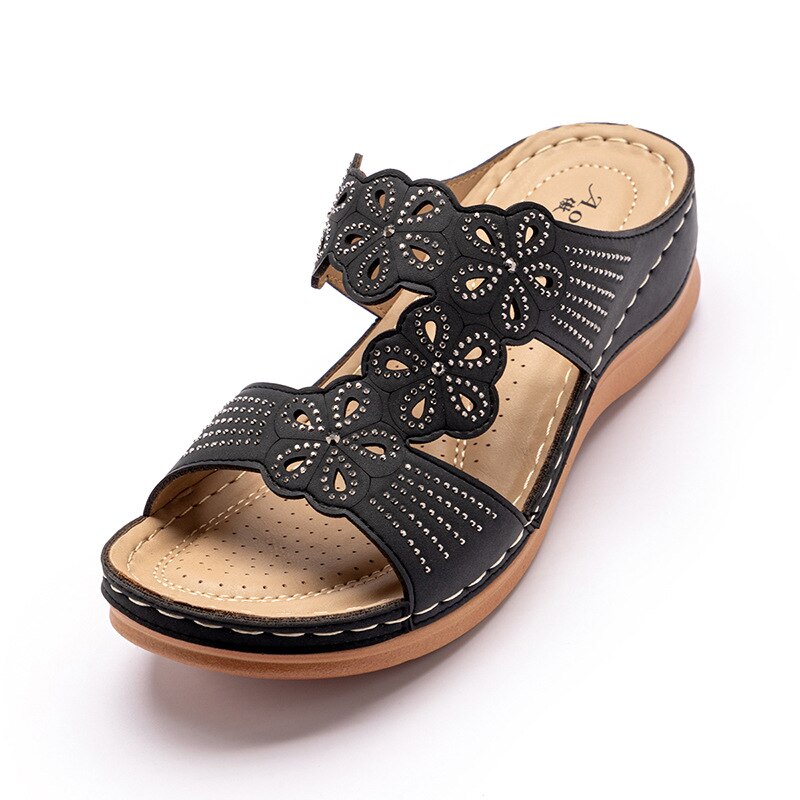 Summer ladies sequin wedge slippers slip thick slippers soft and comfortable casual shoes outdoor beach sandals: BLACK / 36