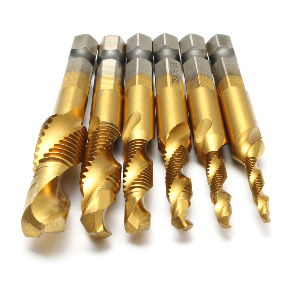 6Pcs M3-M10 Screw Tap Drill Bits HSS Screw Thread Woodworking Metric Tap Combination Bit High Speed Steel Titanium 1/4 Hex Shank