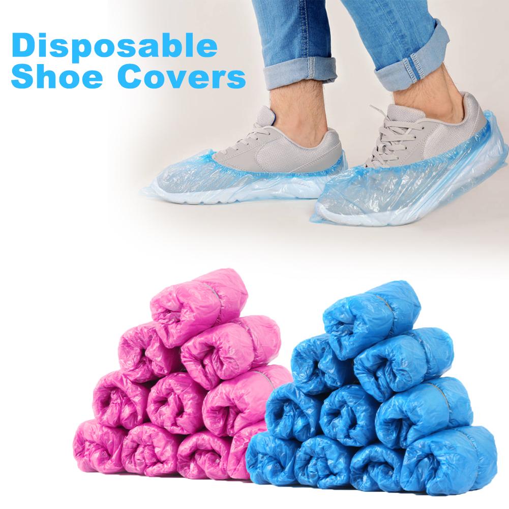 100 stk / pakke oversko plastik vandtæt engangs skoovertræk blå / lyserød mudderbestandig regnsko støvleovertræk sko forsyninger